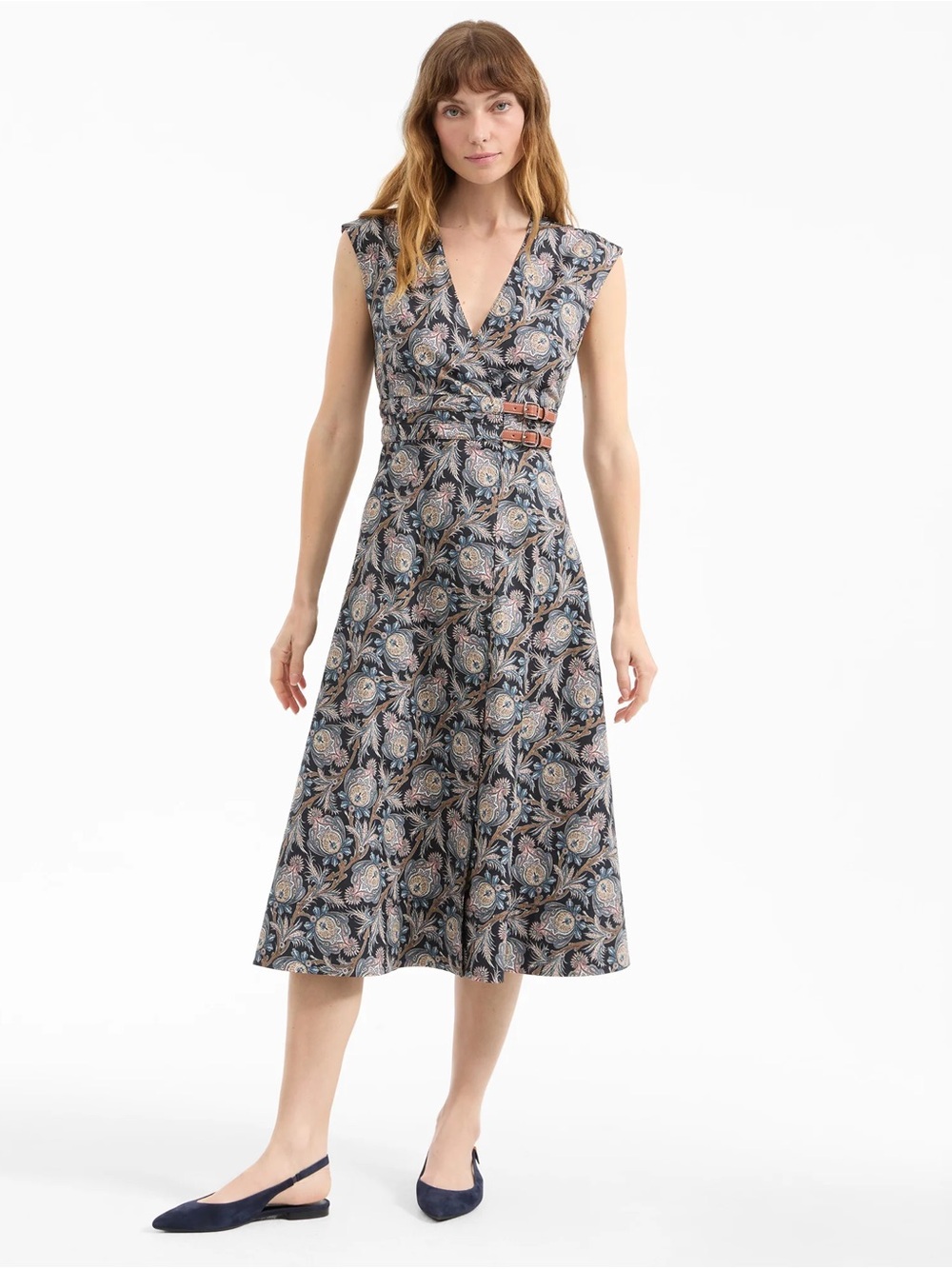 Veronica Beard Nilsen Black and Blue Floral Wrap Midi Dress with Buckle Detail